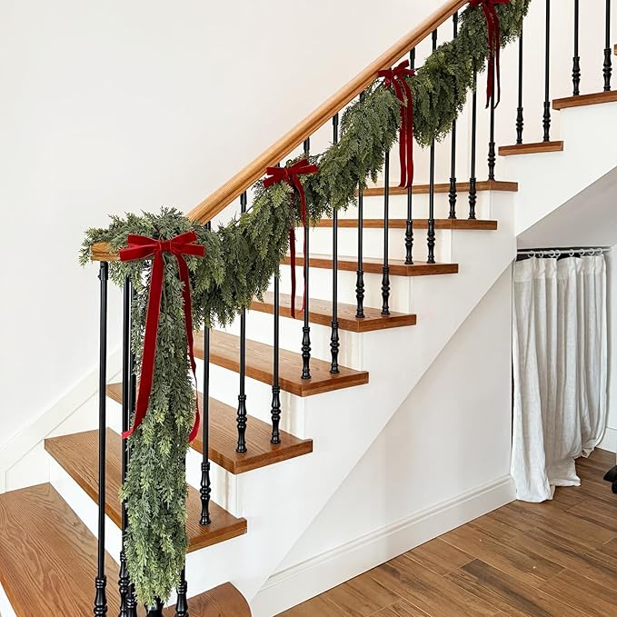 4PCS 9FT Artificial Cedar Garland for Christmas Decoration - Realistic Winter Greenery Garland for Mantel, Fireplace, Table, Door, Holiday Indoor Outdoor Decor
