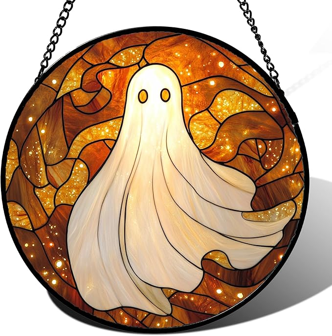 Stained Glass Window Hanging - Halloween Decoration White Ghost Robe Suncatcher for Door Garden Spooky Starry Sky Sun Catchers Gothic Decor Horror Gifts for Women Men Friend Boy Girl 7.8 in