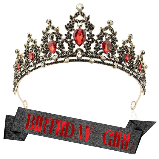 Birthday Crown Headband Sash Adult Crowns for Women - Black and Red Tiara for Birthday and Halloween Parties