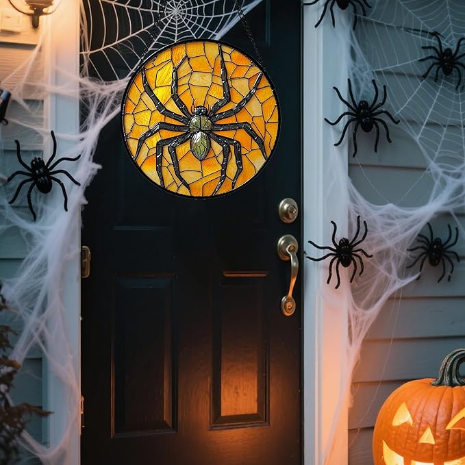 Stained Glass Window Hanging - Halloween Decorations Black Spider Suncatcher for Doors Garden Indoor Spooky Funny Sun Catchers Gothic Decor Horror Gifts for Women Men Friend 9.8 in