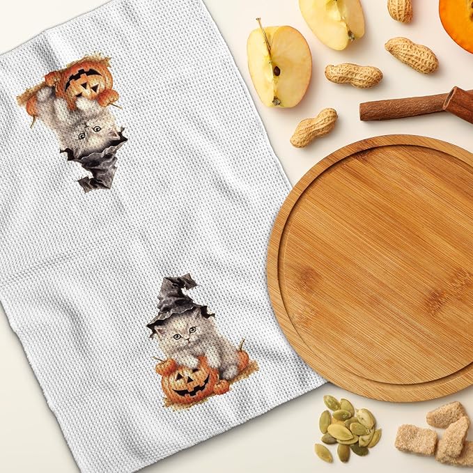TNUW Halloween Cat Kitchen Towel - 16X24In, Halloween Cat Pumpkin Towels for Kitchen Bathroom Decor, Fall Autumn Animal Decorative Hand Towel for Bathroom Decor
