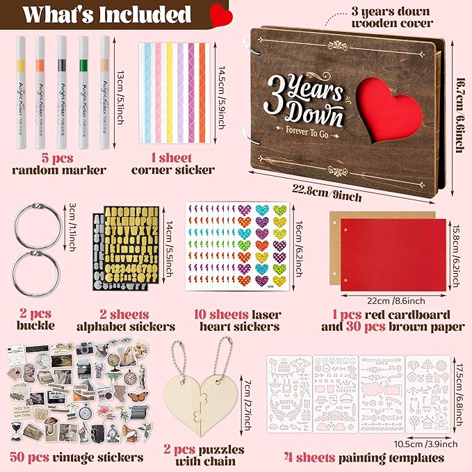 CY2SIDE 3 Years Anniversary Scrapbook - 111PCS 3 Years Down Wooden Photo Album Scrapbook Craft Kit Included Wood Cover Heart Puzzle Brown Paper Sticker and Template for DIY Dating Celebration Gift