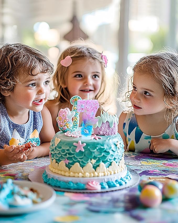 Mermaid Themed Birthday Candles, Number 7 Girls Glitter Birthday Party Supplies,Anniversary Party Decor,2.87 inch Cake Topper Decorations (Mermaid Themed, Number 7)