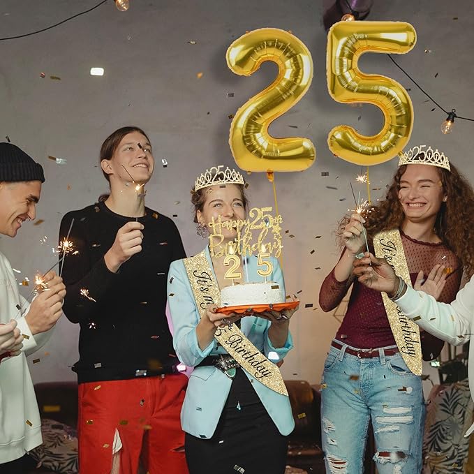 25th Birthday Decorations for Women Gold with 25th Birthday Sash and Crown, Cake Topper and Candles, Number Balloons, 25 Year Old Gifts for Women