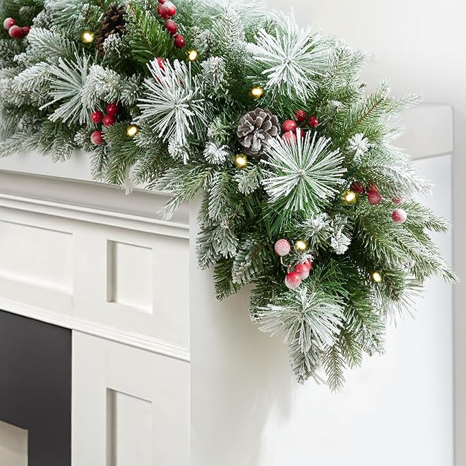 9ft Artificial Christmas Snow Garland with 50 led Lights Timer, Pine Cone, Christmas Red Berry Garlands Battery Powered Outdoor String for Mantle Stairs Railing Fireplace Door
