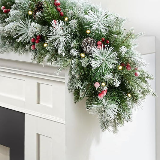 9ft Artificial Christmas Snow Garland with 50 led Lights Timer, Pine Cone, Christmas Red Berry Garlands Battery Powered Outdoor String for Mantle Stairs Railing Fireplace Door