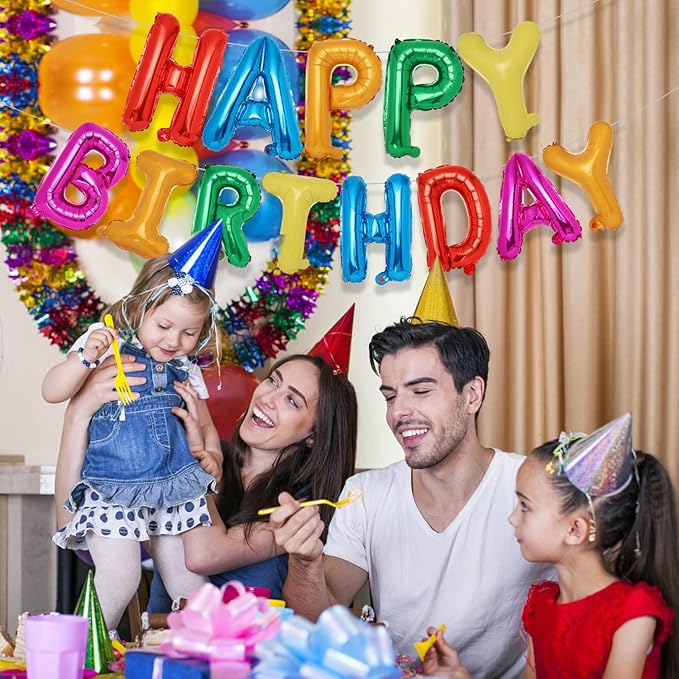 Accevo 7 Color Rainbow Happy Birthday Balloons Banner 16 Inch Mylar Foil Letters Balloons Happy Birthday Sign Banner for Kids, Child, Adults, Boys & Girls Birthday Party Decorations Balloon Supplies