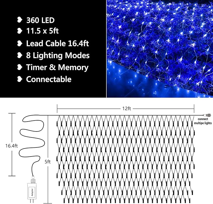 11.5ft x 5ft Christmas Net Lights Outdoor, 360 LED Net Lights with 8 Modes, Connectable, Timer, Waterproof Low Voltage Bush Mesh Fairy String Light for Yard Bush Christmas Indoor Decorations (Blue)
