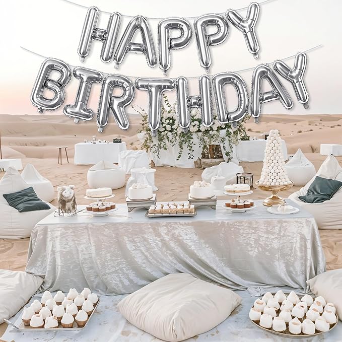 Silver Happy Birthday Banner - 16 Inch Mylar Foil Letters Balloons with Ribbon, Self Inflating Bunting Balloons Banner for Women Men Birthday Party Decorations