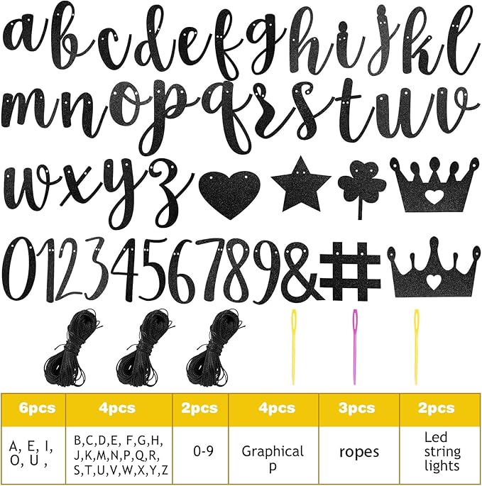 TaoBary 167 Pcs DIY Banner Kit Happy Birthday Glitter Banner Customizable Glitter Make Your Own Kit 162 Letters Symbols and Numbers 3 Rope for Birthday Halloween Wedding Christmas(Black)