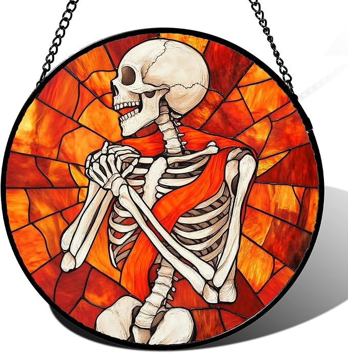 Stained Glass Window Hanging - Halloween Decorations Fear Skeleton Suncatcher for Doors Garden Indoor Spooky Funny Sun Catchers Gothic Decor Horror Gifts for Women Men Friend 6.3 in