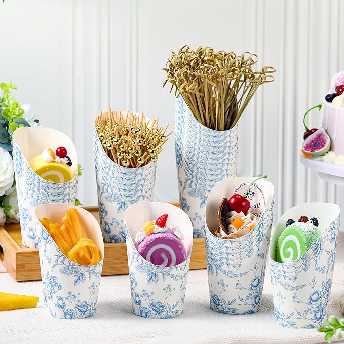 Tioncy 250 Pcs Charcuterie Cups with Cocktail Picks Sets, Bridal Shower Decoration 50 Charcuterie Cups with 200 Sticks for Wedding Baby Shower Floral Boho Witch Party Decorations(Blue,Flower)