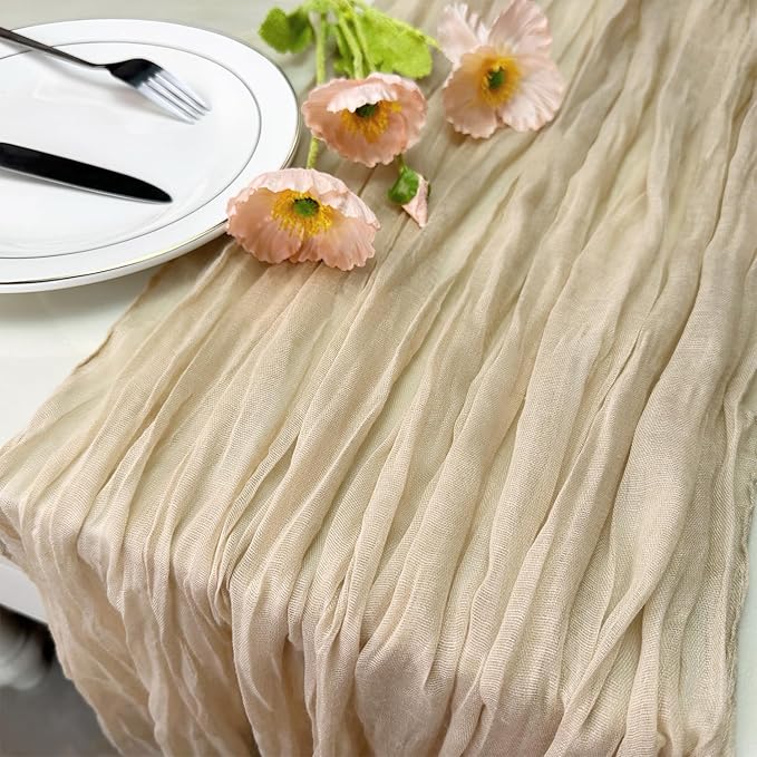 Booque Valley 6 Pack Beige Cheesecloth Table Runner 10ft Super Soft Boho Wrinkled Gauze Sheer Cloth for Baby Shower Baptism Birthday Party Wedding Centerpiece Table Decoration, 35x120 Inch