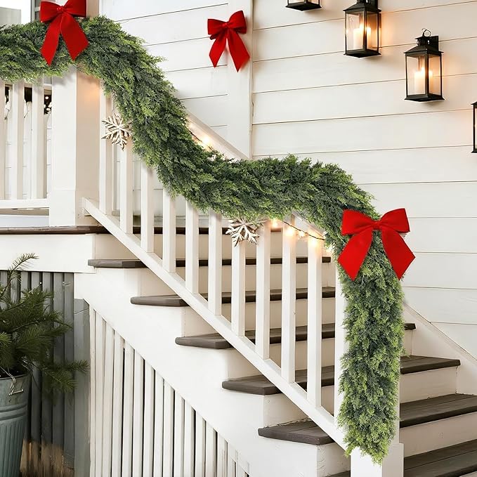 6FT Cedar Garland for Fireplace - Artificial Christmas Garland Thick and Lush Realistic Faux Cedar Fake Pine Needles Garland for Table,Window,Stairs,Mante,Indoor Outdoor Decor (2PCS)