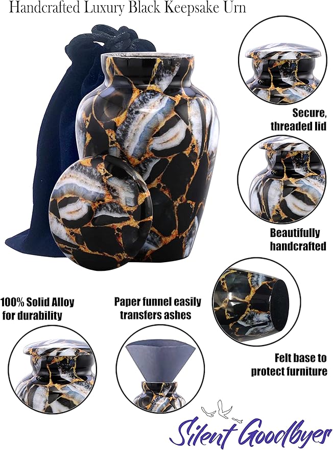 Small Keepsake Cremation Urns for Human Ashes - Marble Finish Metal Keepsake Urn - Mini Cremation Urn for Pet Ashes - Handcrafted Memorial Urn - Funeral Urns with Velvet Bag (Luxury Black)