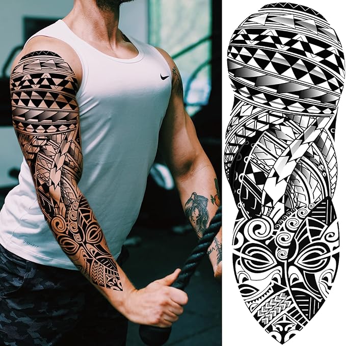 Tribal Totem Temporary Tattoo Sleeve for Men Women, 4-Sheet Full Arm Large Hawaiian Tribal Viking Fake Sleeve Tattoo Adult and 4-Sheet Black Polynesian Turtle Half Temp Tatoo Sticker Thigh Leg Body