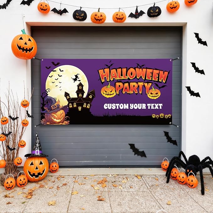 Custom Halloween Banner, Personalized Sign Banner for Outside Indoor, Custom Banner Backdrop Decorations for Wall Halloween Party