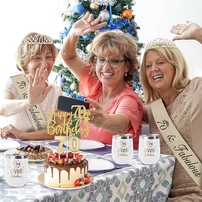 70th Birthday Decorations for Women Gold with 70th Birthday Sash and Tiara, Cake Topper and Candles, Number Balloons, 70 Year Old Gifts for Women