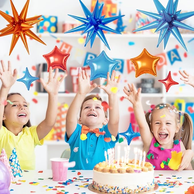 16 Pcs Orange and Blue Star Balloons, 22/18/10 Inch Foil Balloons, Four-Pointed Balloon for Kids Girl Boy Birthday Wedding Baby Shower Magic Party Decorations