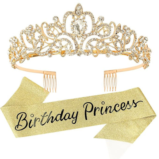 Princess Crowns Tiara for Girls, Birthday Sash for Party Decorations Supplies, Gifts for Girls Happy Birthday Party Favors Accessories