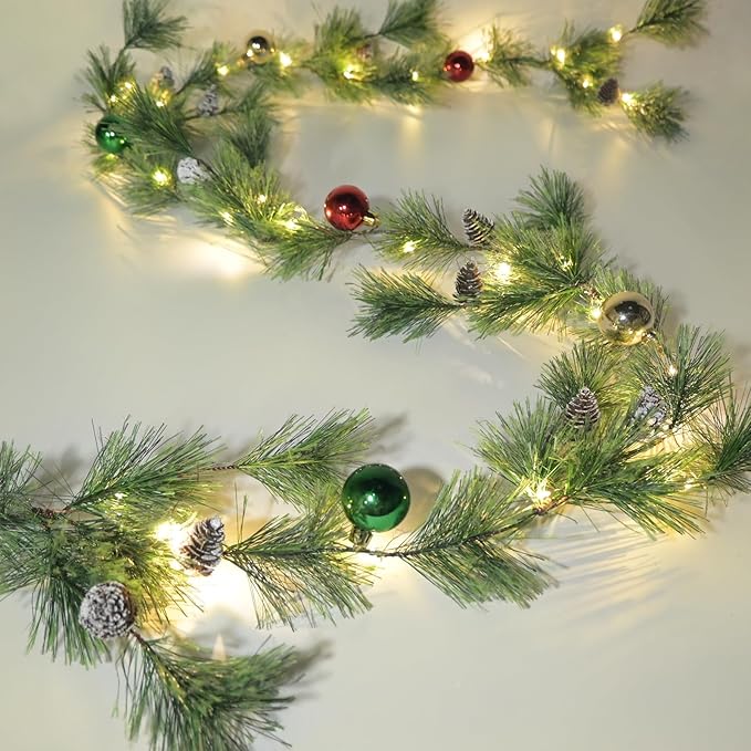 Christmas Garland Lights with Christmas Balls 6.56FT 30 LED Fairy Lights Battery Operated Smokey Pine Garlands with Pine Cones Greenery Garland Wreath for Xmas Tree Holiday Home Mantle Door Decoration