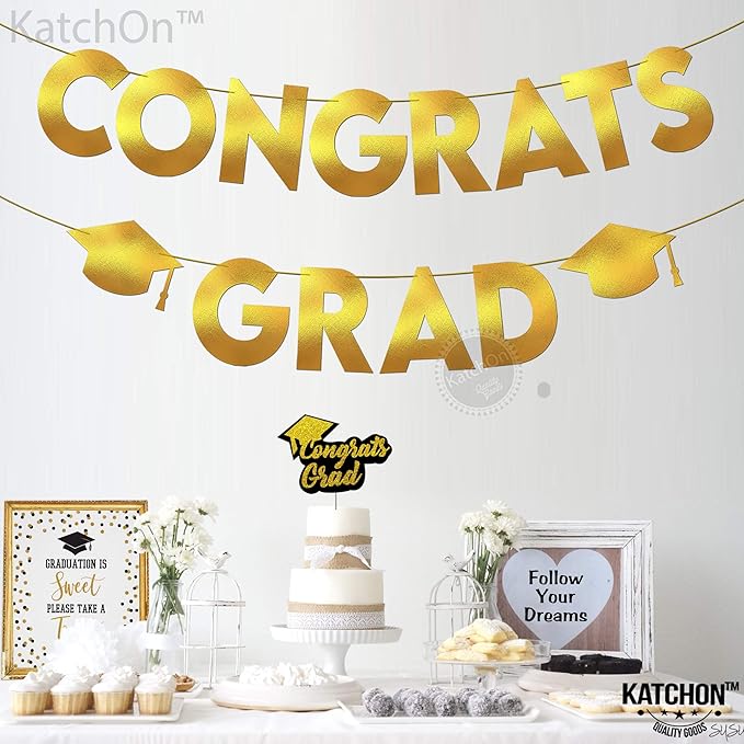 KatchOn, Glitter Gold and Black Congrats Grad Banner - 10 Feet | Gold and Black Grad Banner, Cap Garland for Graduation Cap Decorations 2025 | Graduation Decorations 2025
