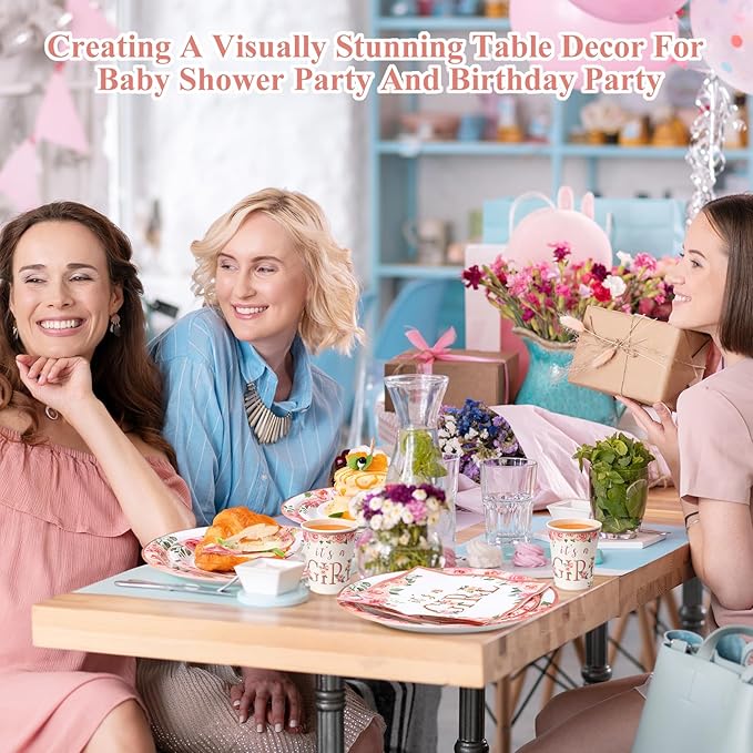 250 Pcs Baby Shower Decoration for Girl, Pink Floral Paper Plates Napkins and Cups It's a Girl Baby Shower Party Tableware for Gender Reveal Spring Birthday Decorations, Serves 50