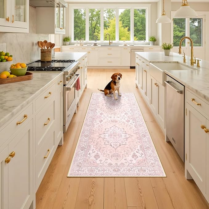 Area Rugs 2'x6' Washable Non-Slip, Floral Vintage Distress Print Pattern Medallion Carpet for Living Room Bedroom Dining Room, Pink Greypink Cute