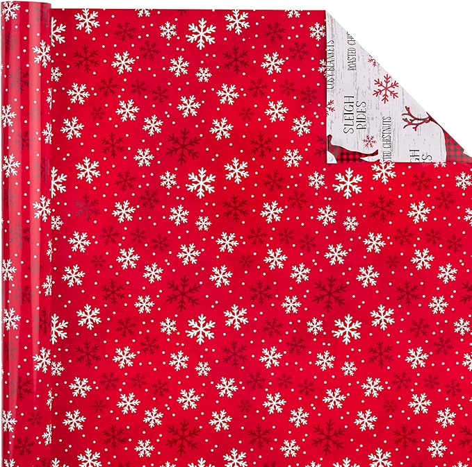 WRAPAHOLIC 30 Inch Jumbo Reversible Christmas Wrapping Paper - 30 Inch x 33 Feet - Red White Reindeer and Snowflake Wrapping Paper for Christmas, Holiday, Party