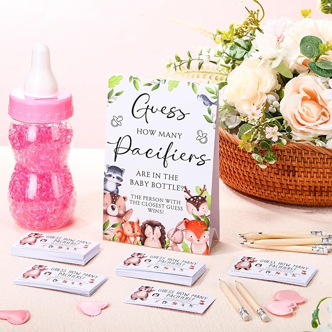 Roowest 512 Pcs Baby Shower Games Guess How Many Pacifiers Sign 100 Small Guessing Games 10 HB Pencils 750ml Milk Bottle 400 Acrylic Pacifiers Decoration for Guest Gender Reveal(Vivid,Woodland)