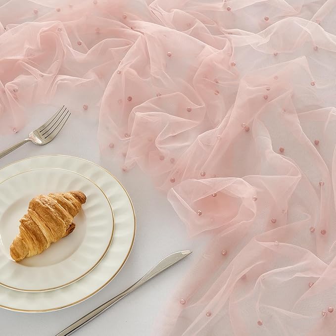 Fanami 1 Pack Pearl Table Runner -10FT Dusty Pink Boho Tulle Table Runners 120 Inches Long Rustic Sheer Lace Fabric Centerpieces for Wedding Arch Birthday Party Bridal Veil Baby Shower Decorations