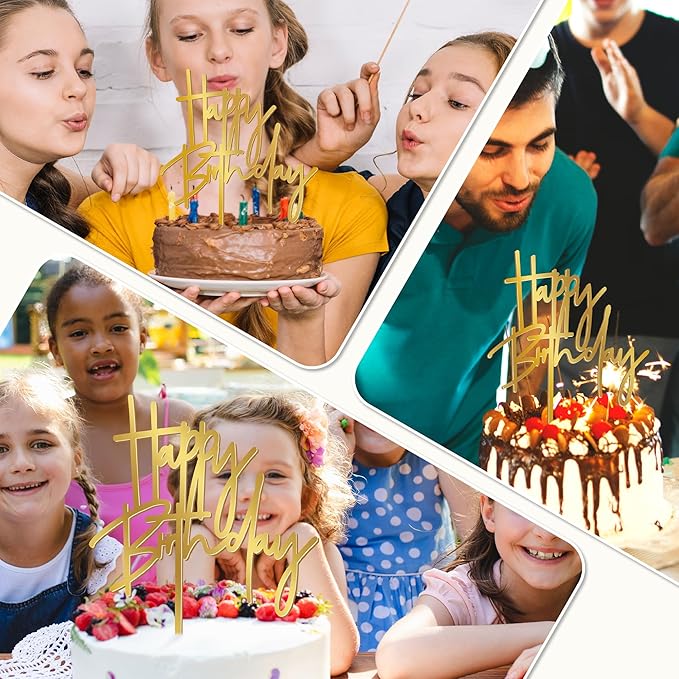 1PCS Gold Birthday Cake Topper, 5.3 x 7.2 Inches Acrylic Happy Birthday Cake Sign, Glitter Mirror Cake Topper Decorations for Anniversary, Bridal Shower, Birthday Party Supplies