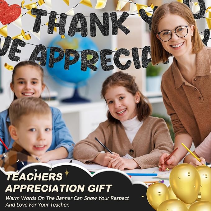 Fulmoon Pre Strung Thank You We Appreciate You Glitter Banner Funny Appreciation Banner for Employee Coworker Staff Teacher Thank Sign Party Decorations (Black)