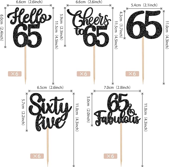 30PCS Happy 65th Birthday Cupcake Toppers Glitter Hello 65 Fabulous Sixty Five Cheers to 65 Years Old Birthday Cupcake Picks for Happy 65th Birthday Anniversary Party Cake Decorations Supplies Black