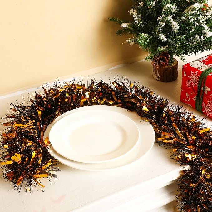 Dilunave 40 Feet Christmas Tinsel Garland Metallic Foil Twist Tinsel Garland Decoration for Christmas Tree, Wedding, Birthday and Party Hanging Decorations(Black, Gold)