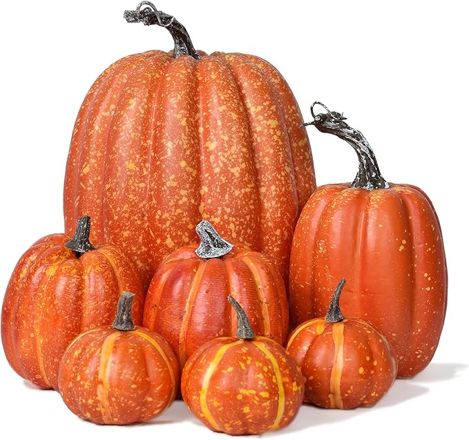 Lvydec Artificial Pumpkins Set Harvest Decoration, 7pcs Assorted Size Orange Pumpkins Realistic Large Pumpkins for Halloween Thanksgiving Autumn Festive Party Supplies (Orange)