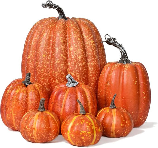 Lvydec Artificial Pumpkins Set Harvest Decoration, 7pcs Assorted Size Orange Pumpkins Realistic Large Pumpkins for Halloween Thanksgiving Autumn Festive Party Supplies (Orange)