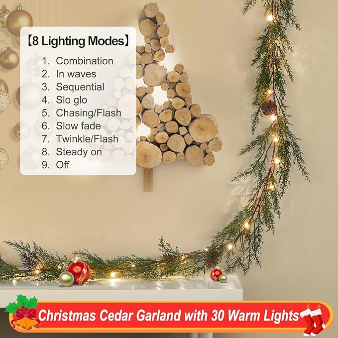 Artgar Pine Garland Realistic, 6 FT Cedar Garlands, Christmas Garland with 30 Warm Lights with 8 Light Modes, Garland Christmas Decorations for Mantels Stair Table Decor (Green)