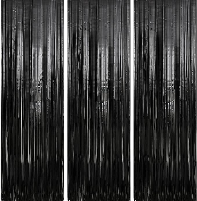 Crosize 5 Pack 3.3 x 9.9 ft Black Foil Fringe Curtains Party Decorations, Black Tinsel Curtain Backdrop for Parties, Door Streamers, Glitter Streamer Backdrop for Birthday Decoration