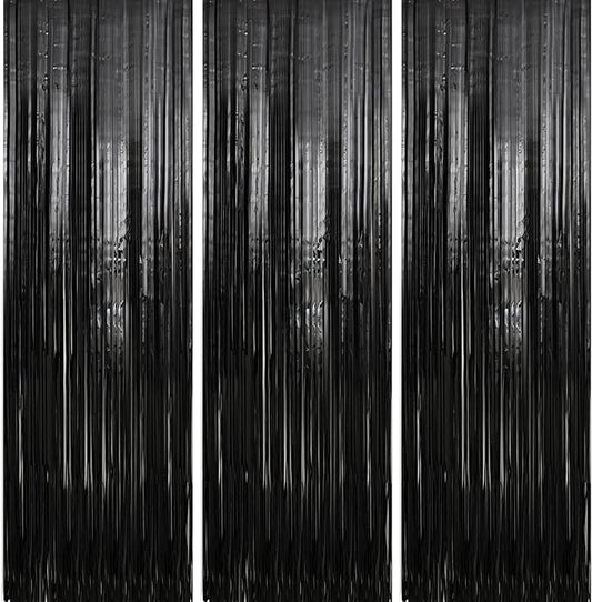Crosize 5 Pack 3.3 x 9.9 ft Black Foil Fringe Curtains Party Decorations, Black Tinsel Curtain Backdrop for Parties, Door Streamers, Glitter Streamer Backdrop for Birthday Decoration