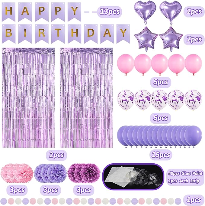 ZERODECO Pink Purple Birthday Party Decorations for Women Girls, Happy Birthday Banner Pompoms Balloon Arch Fringe Curtain Party Décor for Baby Girls Women Purple Pink Party