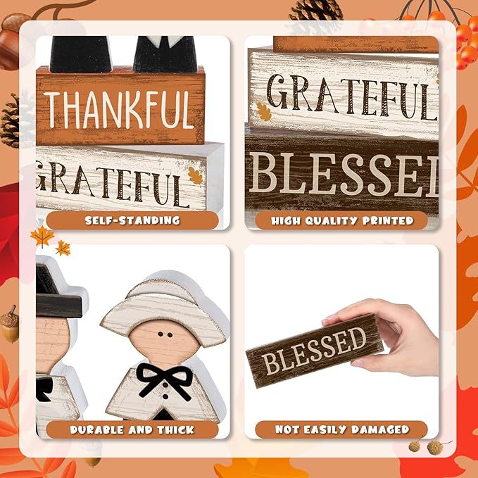 4 Pcs Thanksgiving Table Decoration Wooden Pilgrim Couple Decor Thanksgiving Tiered Tray Decor Fall Centerpiece Rustic Decorative Pilgrim Block Signs Gift Farmhouse for Home Kitchen