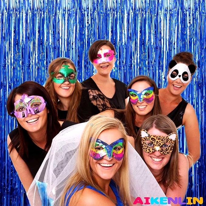 4 Pack 3.2Ft x 9.8Ft Blue Foil Fringe Curtain Backdrop, Metallic Tinsel Foil Fringe Streamers Curtains for Party, Photo Booth Props, Birthday, Wedding, Christmas Party Decoration Supplies