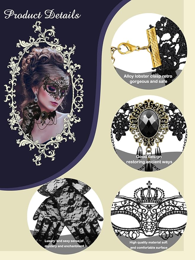 Newcotte 6 Pcs Masquerade Mask for Women Lace Mask Choker Necklace Glove for Christmas Halloween Venetian Party 80s 90s