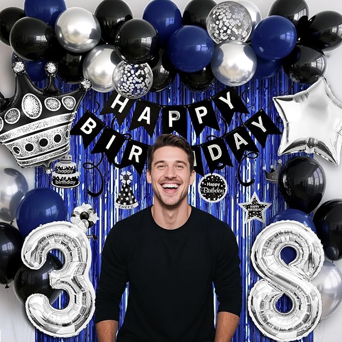 38th Birthday Decorations for Men and Women, Black Blue Silver Happy Birthday Number 38 Balloons, Banner, Fringe Curtains Garland Kit - 38 Year Old Party Supplies