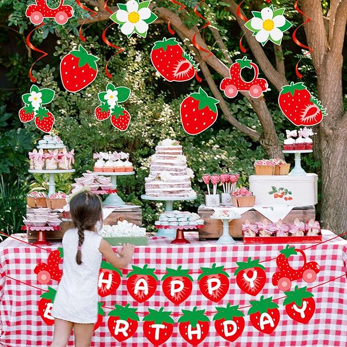 Strawberry Berry First Birthday Party-Decorations - 12pcs Baby Girl Happy Banner,1st Flowers Streamers Garland,Sweet One Swirl,Red Home Wall Backdrop Decor Supplies Burgleda