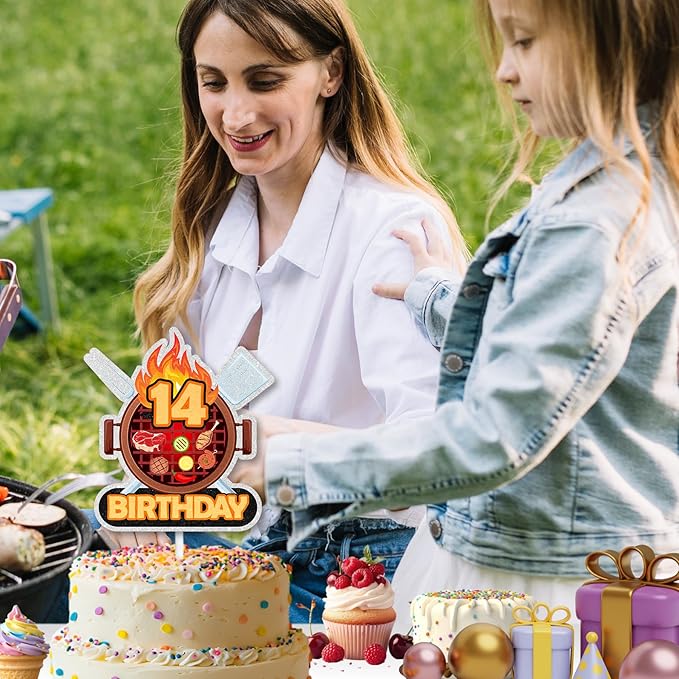 Barbecue Cake Topper Teen BBQ Theme 14th Birthday Happy Sausage Kebab Decoration, Boy and Girl Birthday Party, Summer Outdoor Picnic Party, Anniversary Friend Family Gathering Cooking Grill Decoration