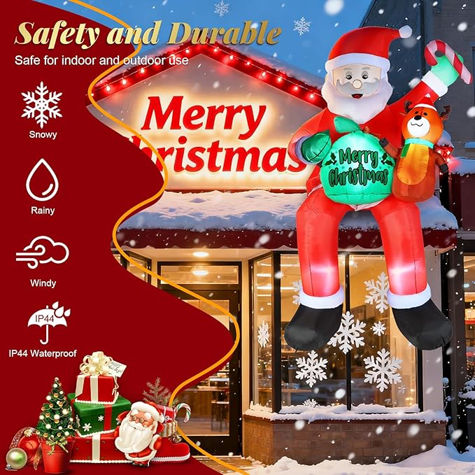 8FT Christmas Inflatables Outdoor Decorations, Sitting Santa Claus with Gift Candy and Reindeer, Blow Up Holiday Yard Decor with Built-in LED Lights for Xmas Garden, Lawn, and Party