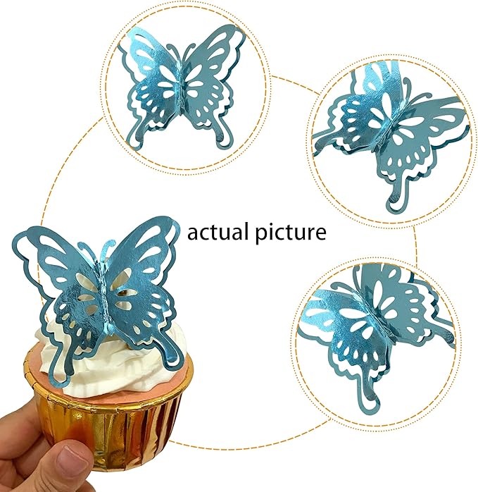 40 PCS Lively 3D Butterfly Cupcake Toppers Mixed Size Hollow Art Butterfly Cake Topper Decorations for Baby Shower Wedding Anniversary Kids Birthday Party Supplies Sky Blue