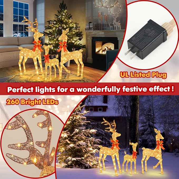 3-Piece Reindeer Outdoor Christmas Decoration, 5FT Large Lighted Christmas Deer Family Set, Outside Xmas Yard Lawn Decorations with 260 Bright LED Lights, Stakes, Zip Ties - Gold